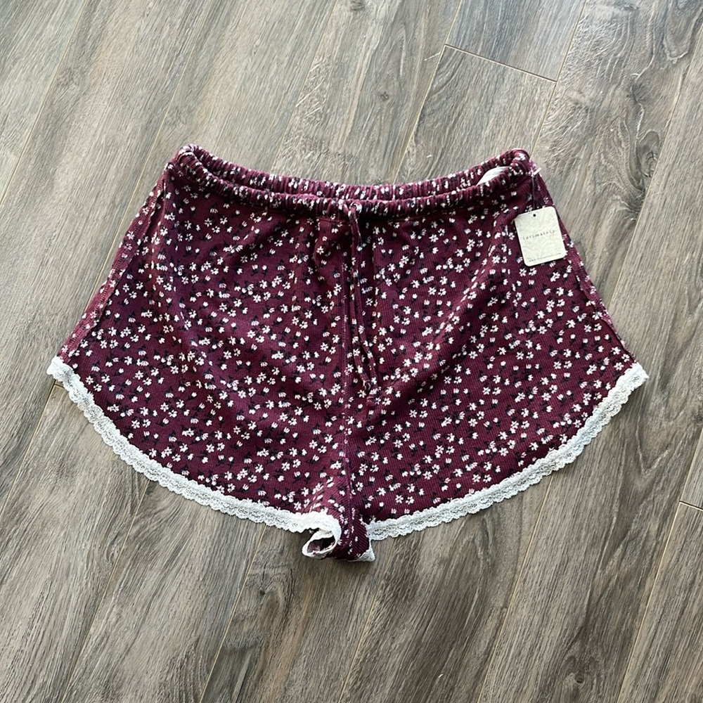 NWT Free People Burgundy Floral Ribbed PJ Shorts